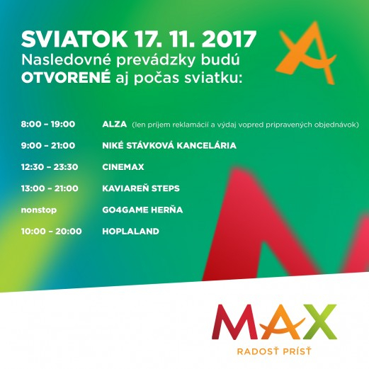 SVIATOK - PIATOK 17. NOVEMBRA v nákupnom centre OC MAX Trenčín