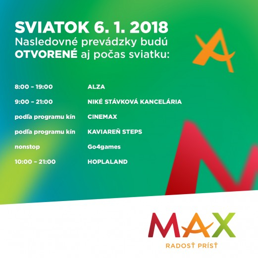 SVIATOK - SOBOTA 6. JANUÁRA v nákupnom centre OC MAX Trenčín