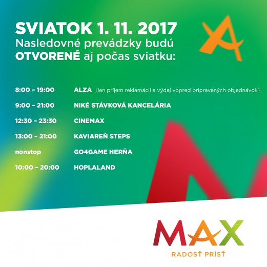 SVIATOK - STREDA 1. NOVEMBRA v nákupnom centre OC MAX Trenčín