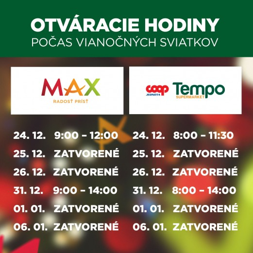 Otváracie hodiny počas sviatkov v nákupnom centre OC MAX Trenčín