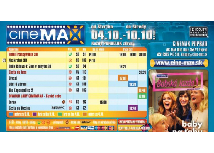 Aktuálny program kina, Obchodné a nákupné centrum MAX Poprad 