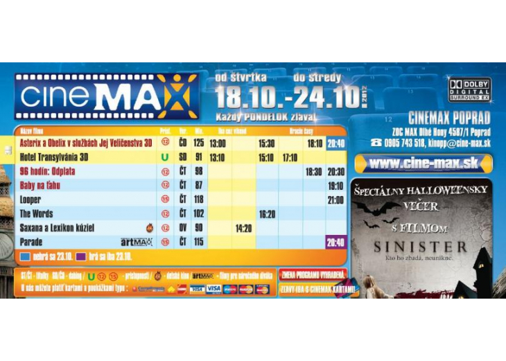 Aktuálny program Cinemax-u, Obchodné a nákupné centrum MAX Poprad 