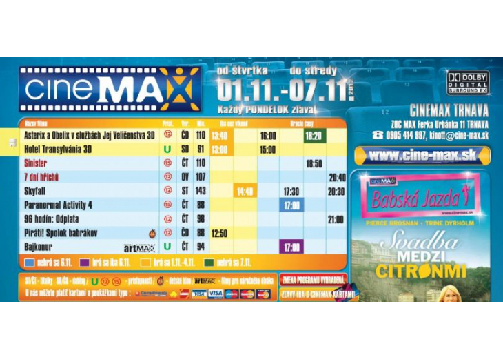 Aktuálny program Cinemax-u, Obchodné a nákupné centrum MAX Trnava