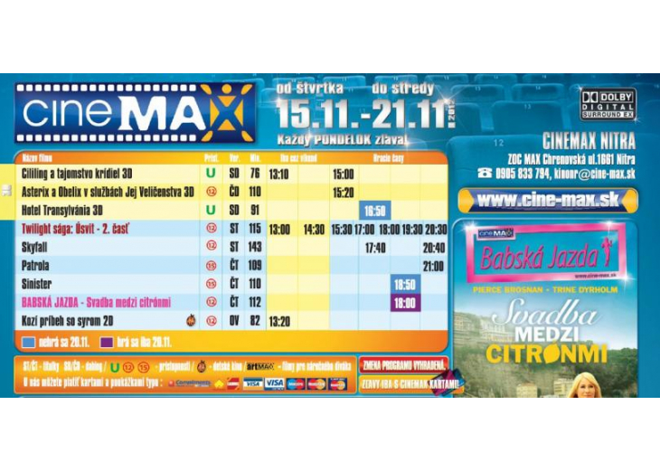 Aktuálny program Cinemax-u od 15.11. do 21.11., Obchodné a nákupné centrum MAX Nitra