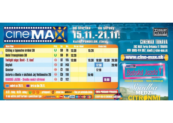 Aktuálny program Cinemax-u od 15.11. do 21.11., Obchodné a nákupné centrum MAX Trnava