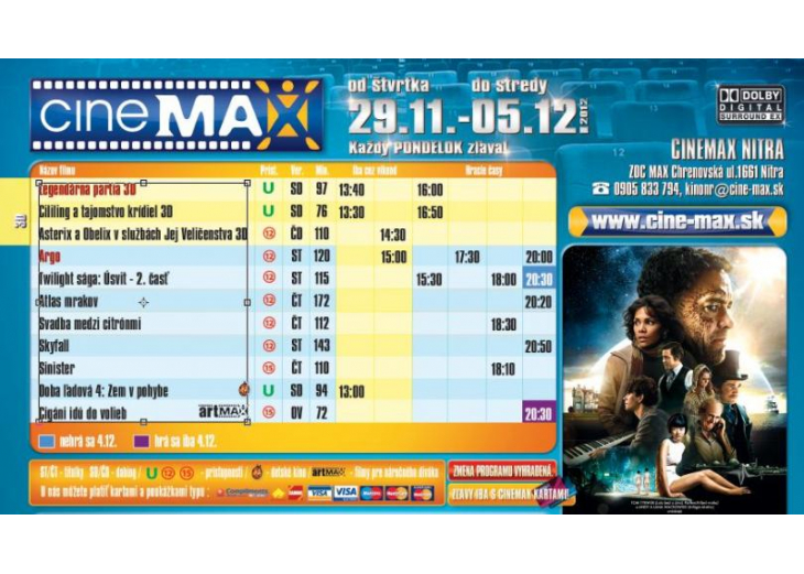 Aktuálny program Cinemax-u, Obchodné a nákupné centrum MAX Nitra