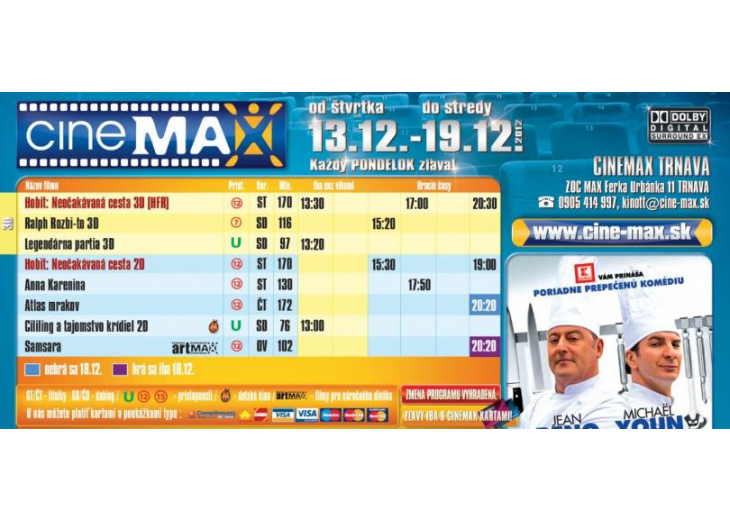 Aktuálny program Cinemax-u, Obchodné a nákupné centrum MAX Trnava