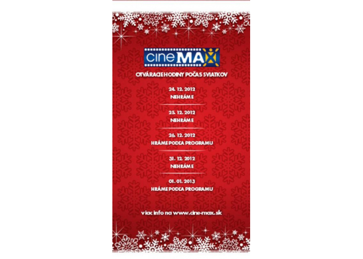 Otváracie hodiny Cinemax-u počas vianočných sviatkov, Obchodné a nákupné centrum MAX Poprad 