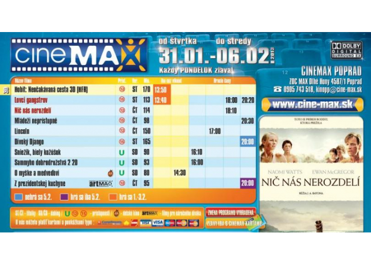 Aktuálny program CINEMAX-u do 6.2.2013, Obchodné a nákupné centrum MAX Poprad 