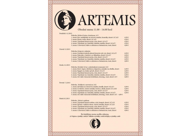 Denné menu reštaurácie Artemis, Obchodné a nákupné centrum MAX Nitra
