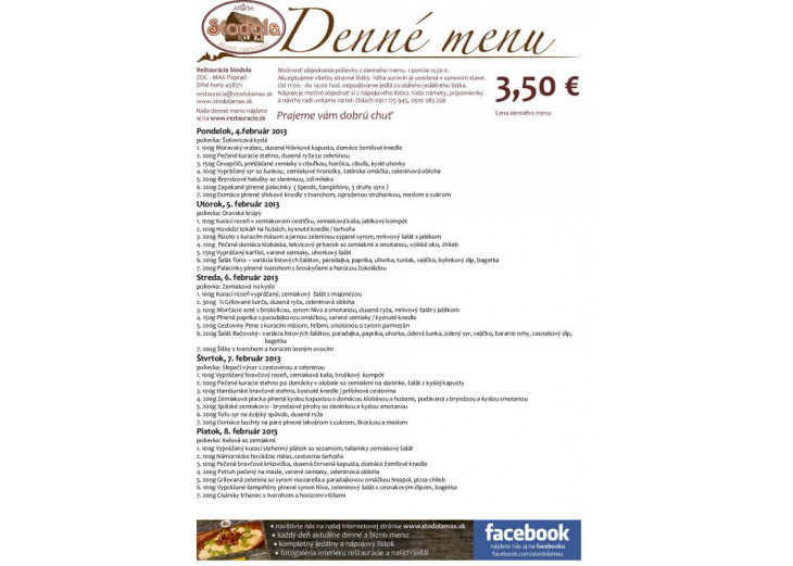 Denné menu reštaurácie Stodola, Obchodné a nákupné centrum MAX Poprad 