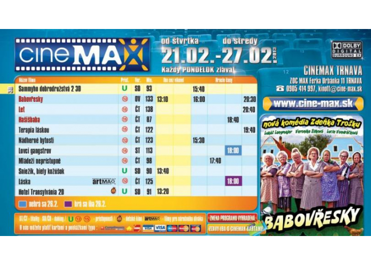 Aktuálny program CINEMAX-u na do 27.2.2013, Obchodné a nákupné centrum MAX Trnava