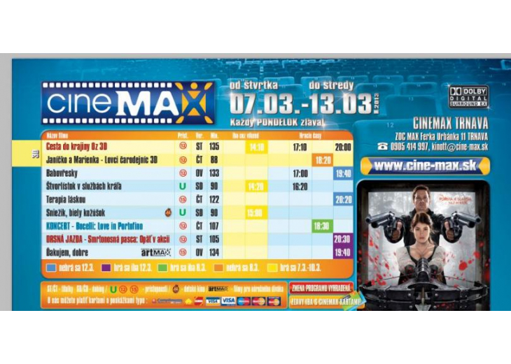 Aktuálny program CINEMAX-u, Obchodné a nákupné centrum MAX Trnava
