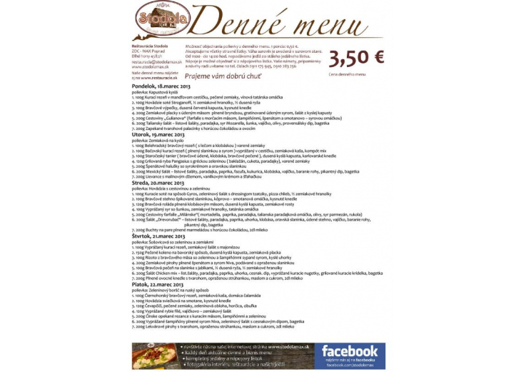 Aktuálne denné menu reštaurácia Stodola, Obchodné a nákupné centrum MAX Poprad 