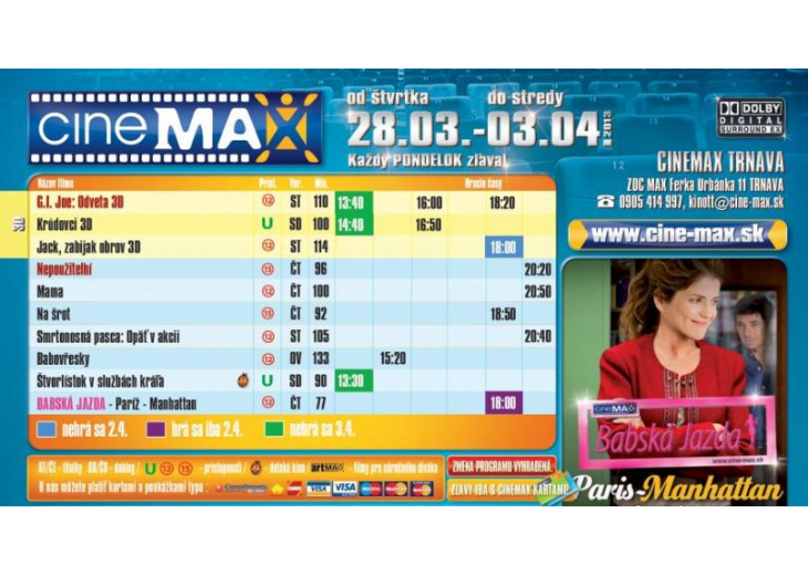 Aktuálny program CINEMAX-u, Obchodné a nákupné centrum MAX Trnava