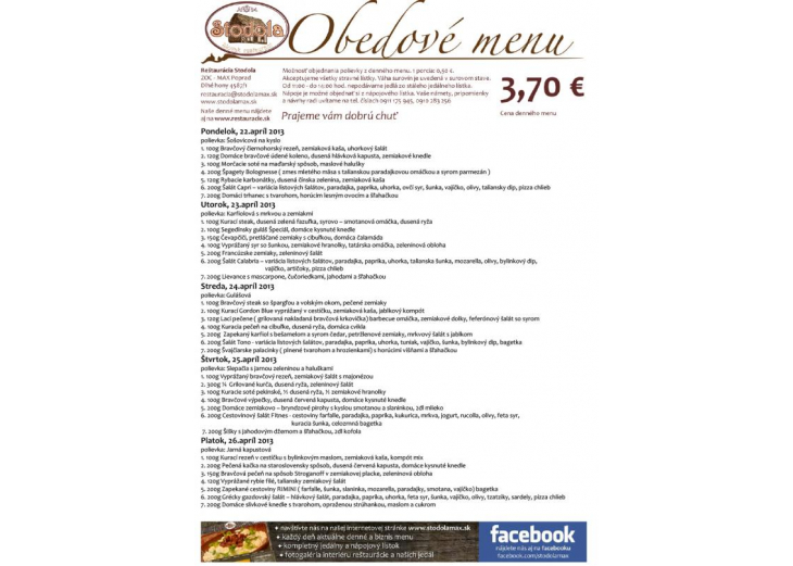 Aktuálne denné menu reštaurácia Stodola, Obchodné a nákupné centrum MAX Poprad 
