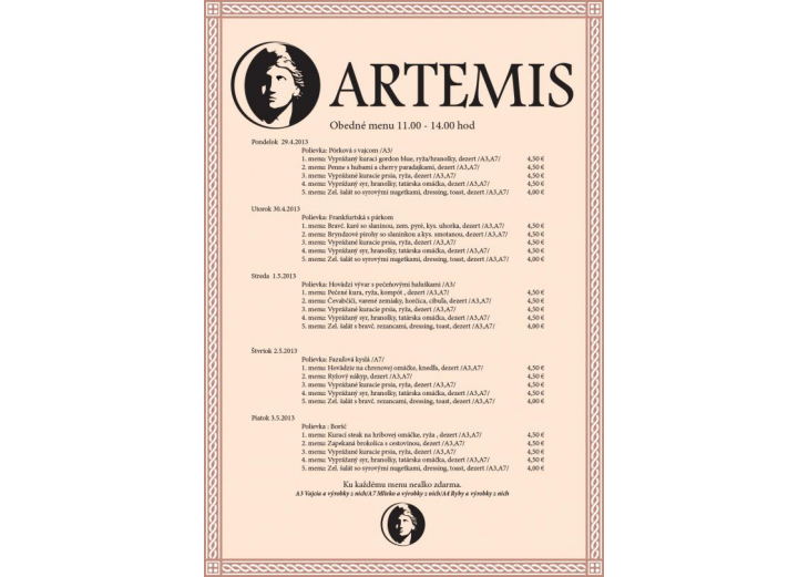 Aktuálne denné menu reštaurácia Artemis, Obchodné a nákupné centrum MAX Nitra