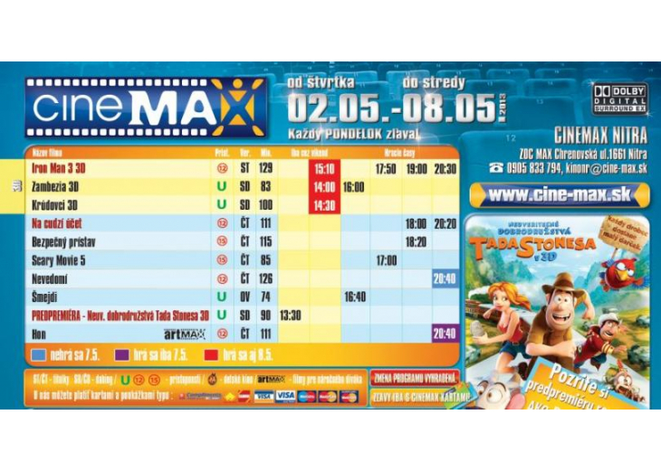 Program kina na nasledujúcich 7 dní, Obchodné a nákupné centrum MAX Nitra