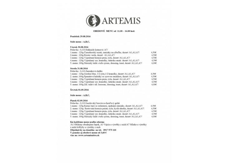 Aktuálne denné menu reštaurácie Artemis, Obchodné a nákupné centrum MAX Nitra