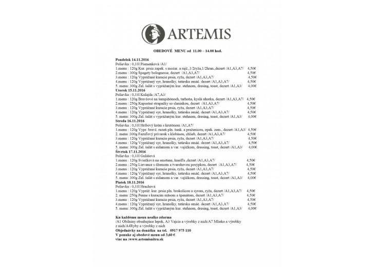 Aktuálne denné menu reštaurácie Artemis, Obchodné a nákupné centrum MAX Nitra