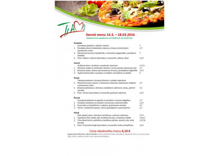 Aktuálne denné menu reštaurácie Tiamo, Obchodné a nákupné centrum MAX Trnava