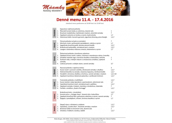 Aktuálne denné menu Mňamky našej mamky, Obchodné a nákupné centrum MAX Trnava