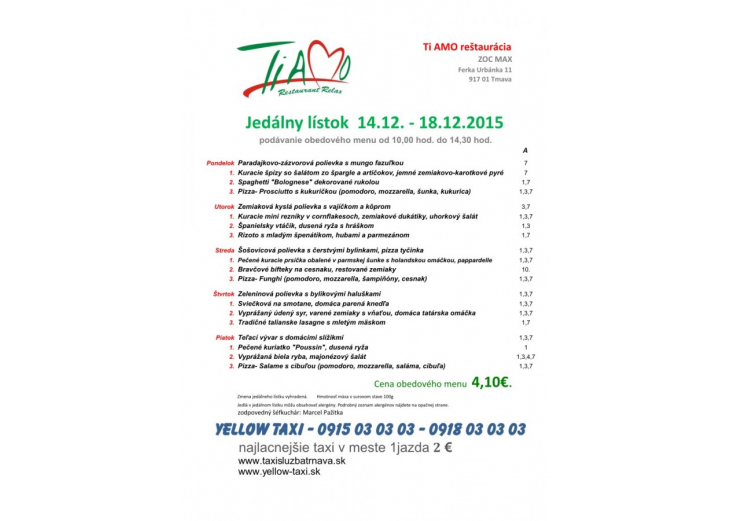 Aktuálne denné menu reštaurácie Tiamo, Obchodné a nákupné centrum MAX Trnava